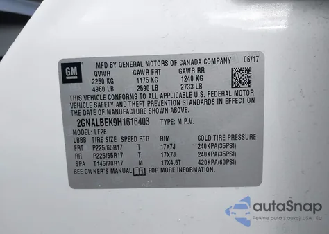 2017 Chevrolet Equinox Ls z USA, uszkodzony, nr VIN 2GNALBEK9H1616403